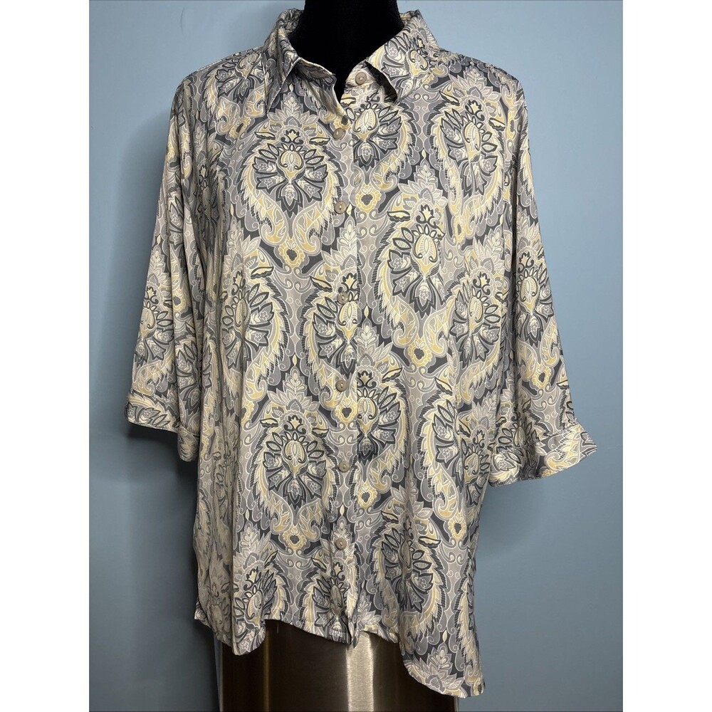 Bon Worth Silver/Blue/Beige Paisley Button-up Blouse (Women's LP) Shirt, Top